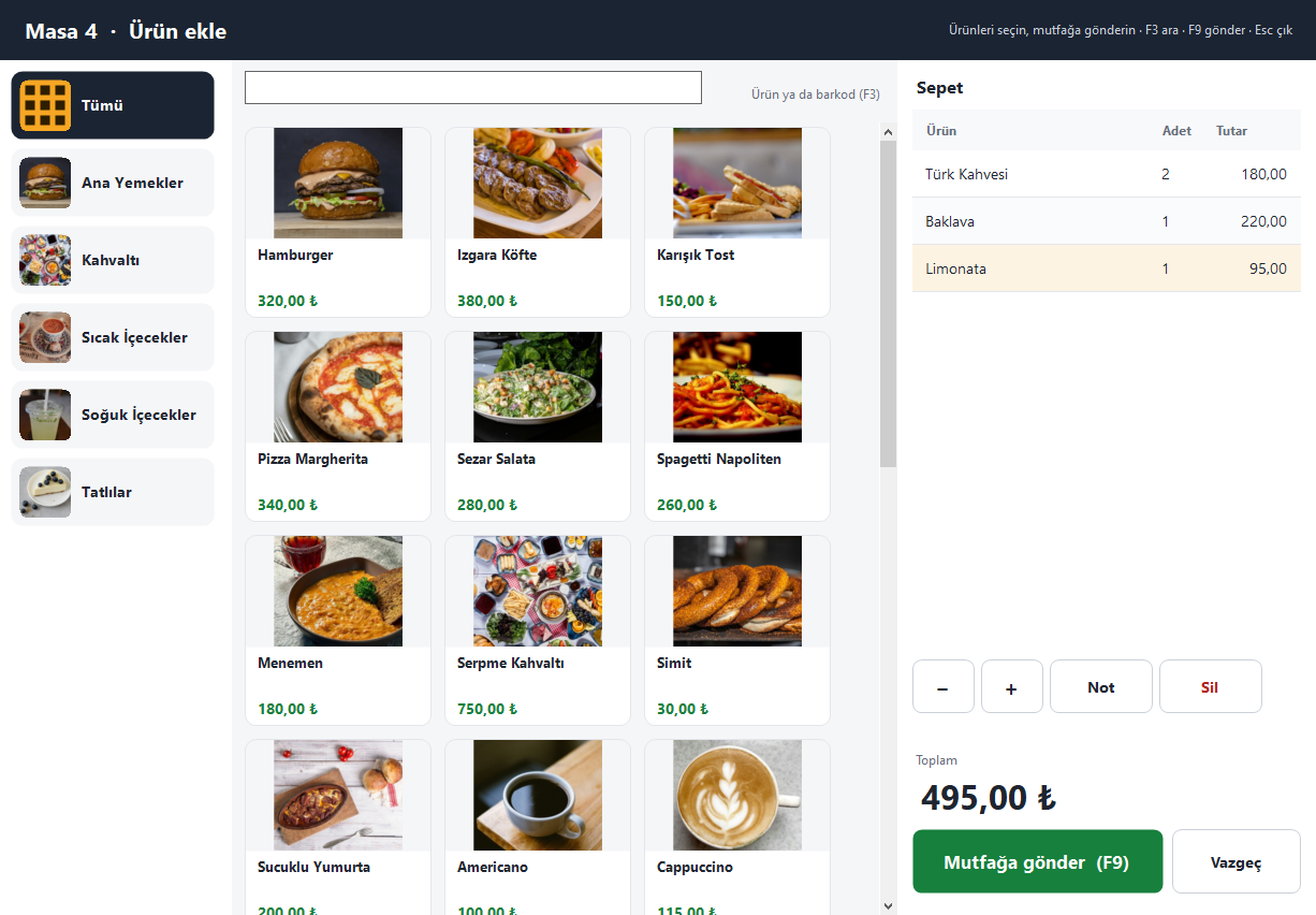 SmartMenuOS kasa ekranı: Masa 4 için fotoğraflı ürün kartları ve sağda sepet