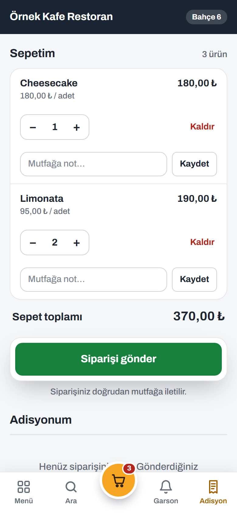 QR menüde sepet ve siparişi gönder düğmesi