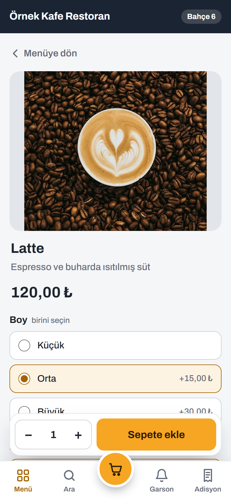 QR menüde Latte: boy, süt ve ekstra seçenekleri
